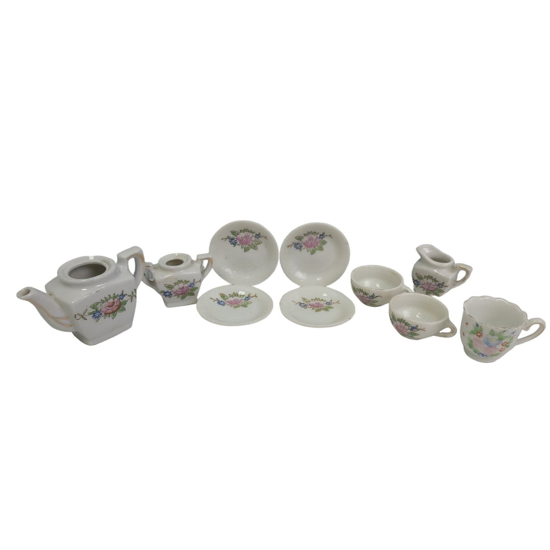 Vintage Mini Doll Floral Ceramic Tea Teapot Plate Cup Pitcher Set Made in Japan