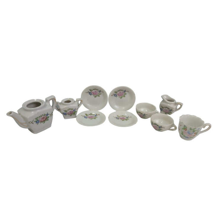 Vintage Mini Doll Floral Ceramic Tea Teapot Plate Cup Pitcher Set Made in Japan