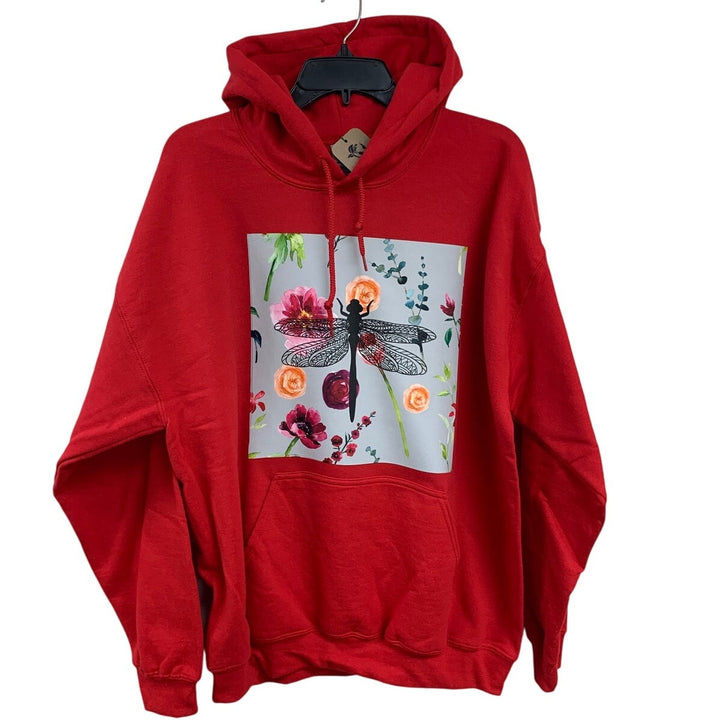 New Hand Printed Womens Large Dragonfly Floral Flower Sweatshirt Hoodie
