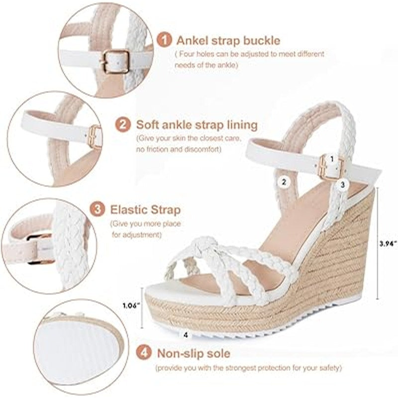 Mikarka Womens Size 9 White Open Toe 4" Wedge Heel Ankle Strap Sandal Shoes