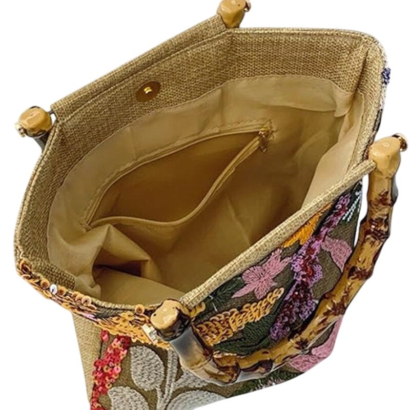New Double Plastic Handle Sequin Flower Tan Orange Pink Green Magnetic Top Bag