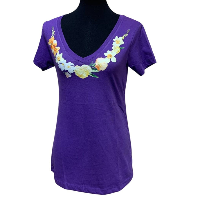 New Hand Printed Womens Medium Flowers Floral Daffodil Rose V-Neck Tee