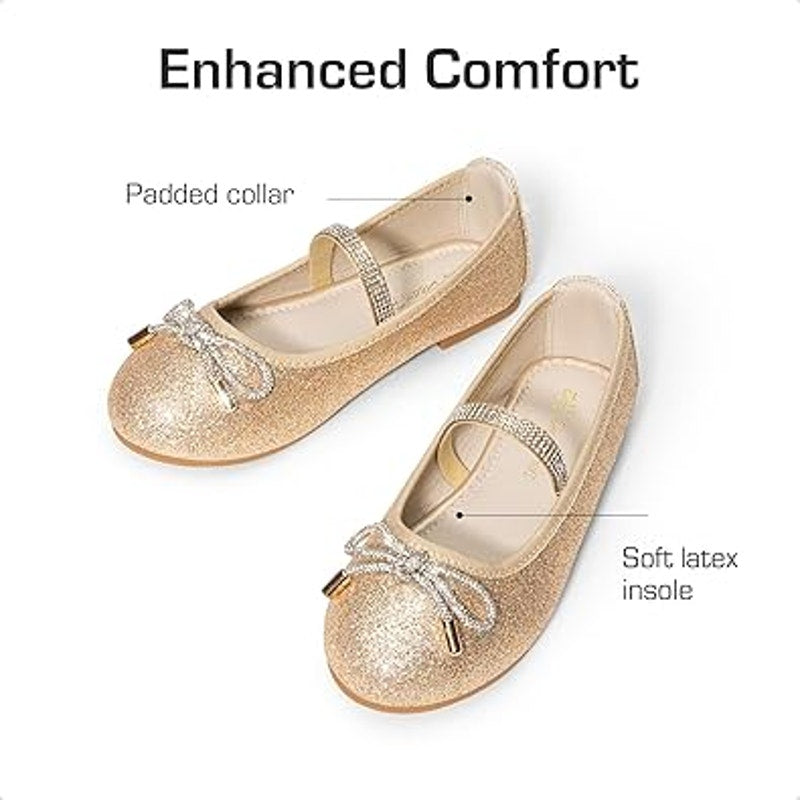 Dream Pairs Big Girls Size 5 Gold Glitter Rhinestone Bow Slip On Ballet Flats