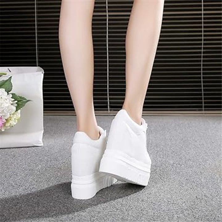 New Ace Shock Womens Size 7.5 White Canvas Hidden 5" Heel Wedge Platform Shoes