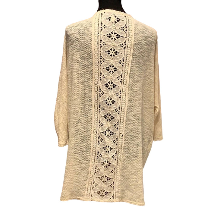 Blue Rain Medium Ivory Knit Open Front Lace Cardigan Sweater Made In USA