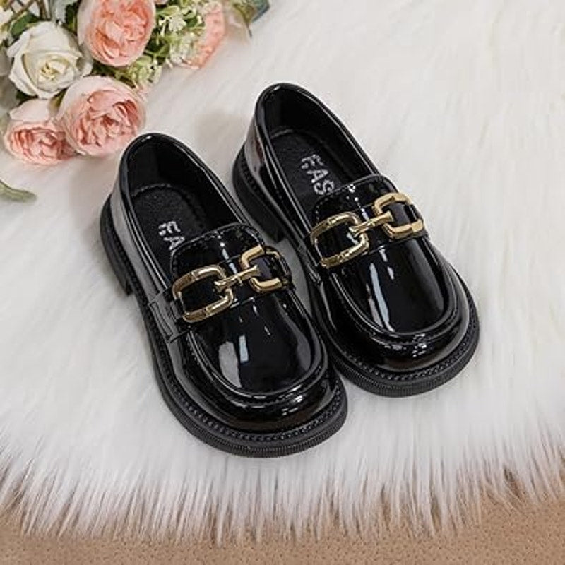 New Oamico Toddler Girls 13 Shiny Black Gold Buckle Slide On Loafer Dress Shoes
