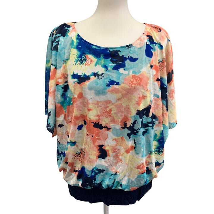 Alyx Womens Plus Size 2X Floral Scoop Neck Half Sleeve Blouson Layer Blouse Top