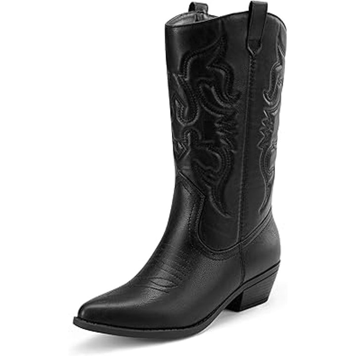 Dream Pairs Women Size 9.5 Black Faux Leather Mid Calf Western Cowboy Boot Shoes