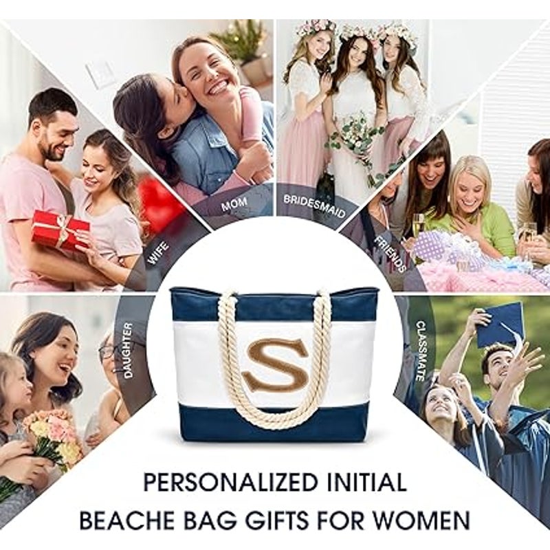 New Becokan S Initial Navy White Stripe Canvas Waterproof Zipper Beach Tote Bag
