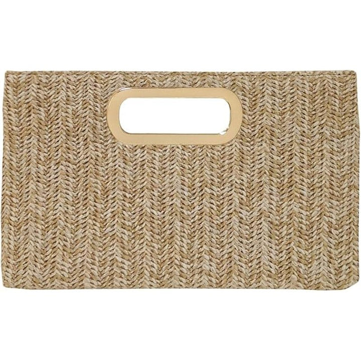 New Tan Gold Accent Optional Chain Top Handle Straw Clutch Purse Handbag Bag
