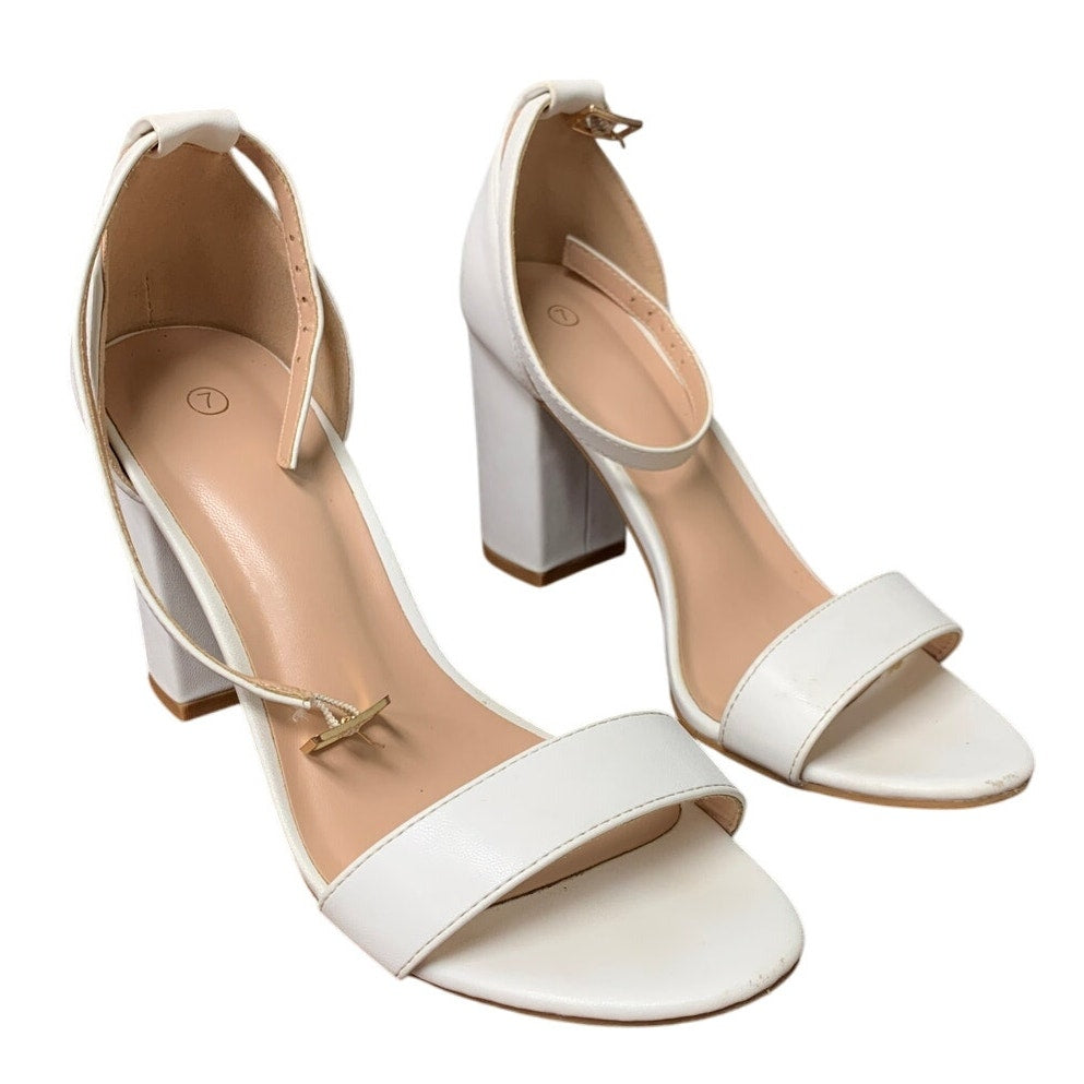 Coasis Womens Size 7 White 3.5" Block Heel Open Toe Ankle Strap Sandal Shoes