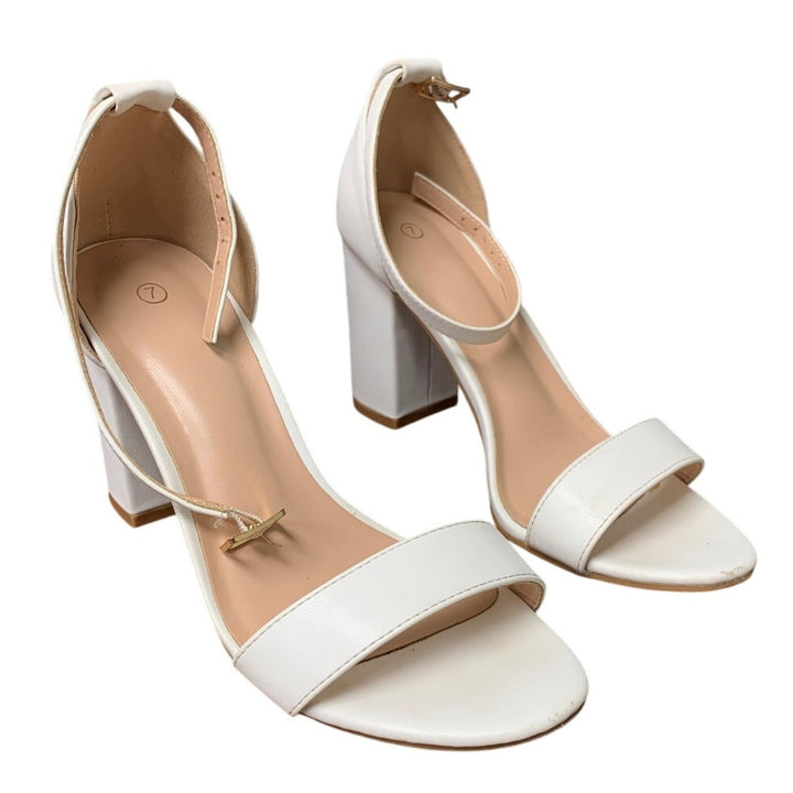 Coasis Womens Size 7 White 3.5" Block Heel Open Toe Ankle Strap Sandal Shoes
