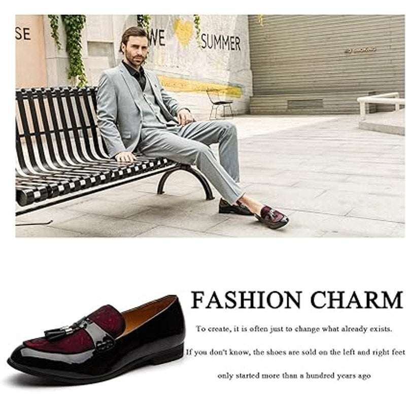 Jitai Mens 7 Black Red Shiny Faux Patent Leather Slide On Tassel Loafer Shoes