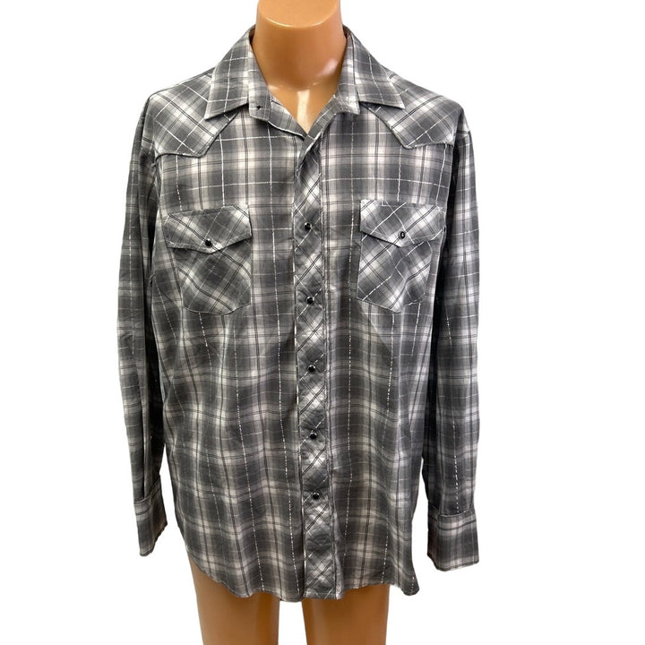 Roper Mens XL Long Sleeve Metallic Plaid Snap Up Western PolyCotton Blend Shirt