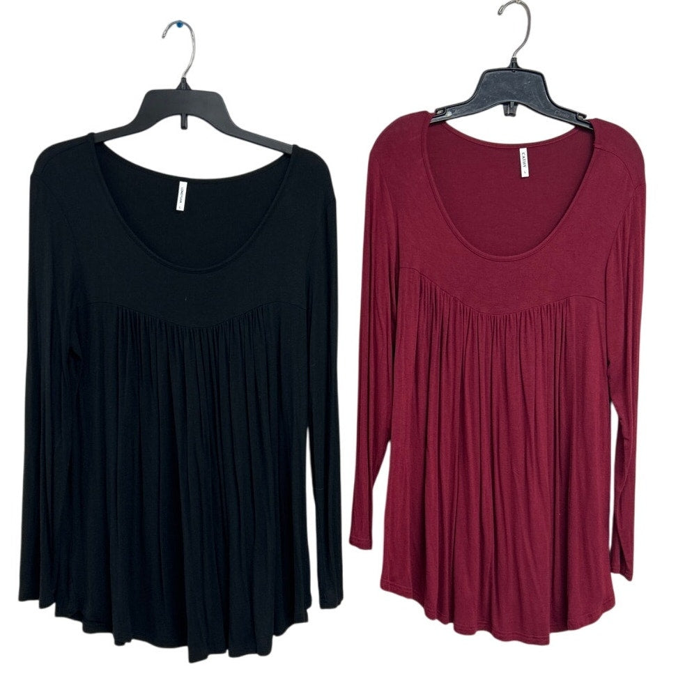 Lot of 2 Cathy Longyuan Womens Large Long Sleeve Scoop Neck Flowy Tops