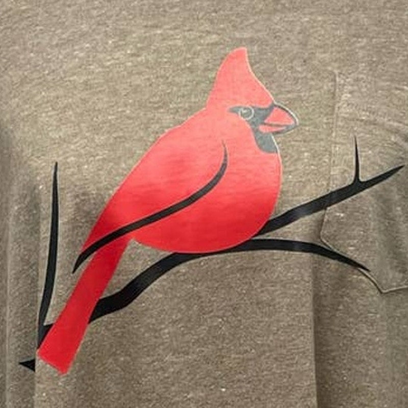 Hand Printed Upcycled Mens XXL Red Cardinal Bird Short Sleeve PolyCotton Tee