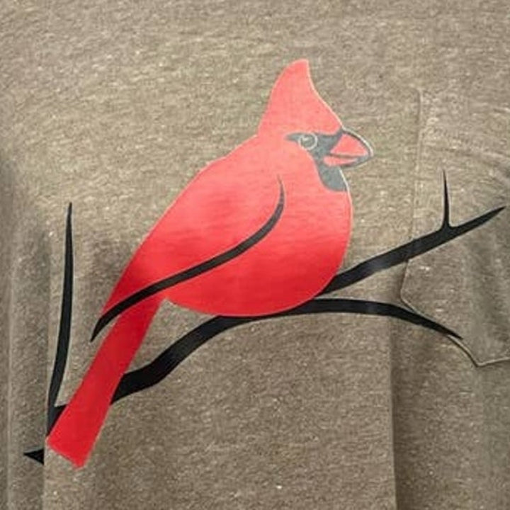 Hand Printed Upcycled Mens XXL Red Cardinal Bird Short Sleeve PolyCotton Tee