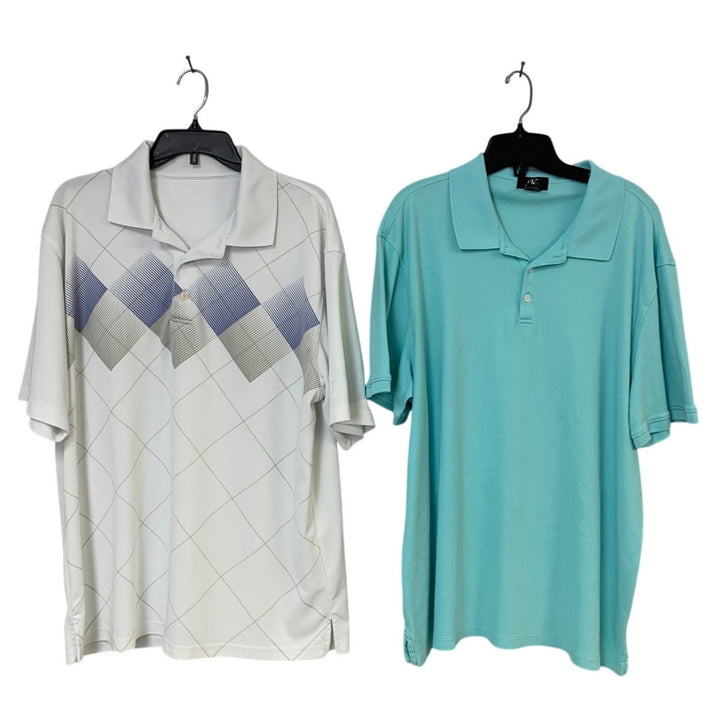 Lot of 2 Calvin Klein Mens XL Gray Blue Diamond Solid Short Sleeve Polo Shirts