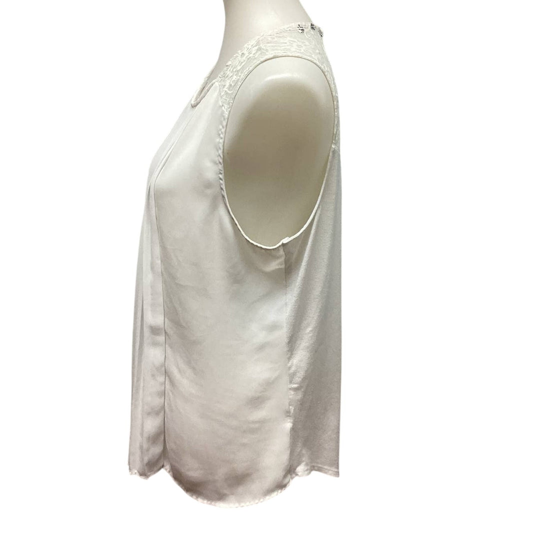 Womens Medium Sleeveless Pleated Front Lacy Back White Flowy Tank Top