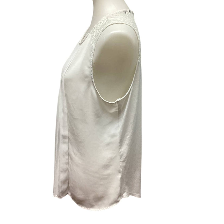 Womens Medium Sleeveless Pleated Front Lacy Back White Flowy Tank Top