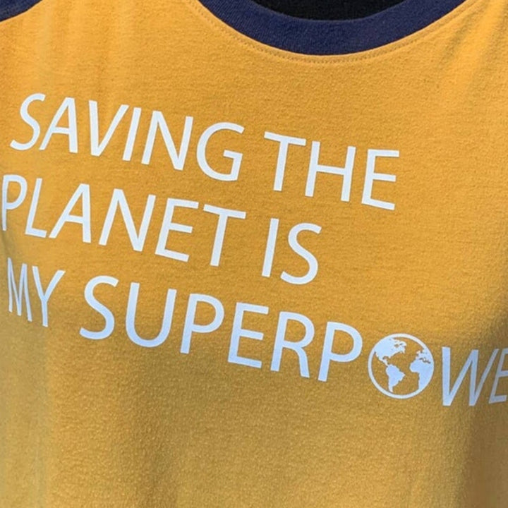 Hand Printed Upcycled Mens Large Saving the Planet Superpower Long Sleeve Tee