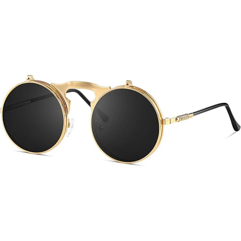 New Yvey Unisex Gold Black Retro 80s 90s Flip-Up Round Steampunk Sunglasses