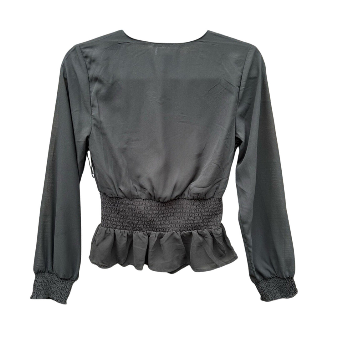 NWT New Japna Womens XS Black 100% Polyester Sheer Long Sleeve Peplum Blouse