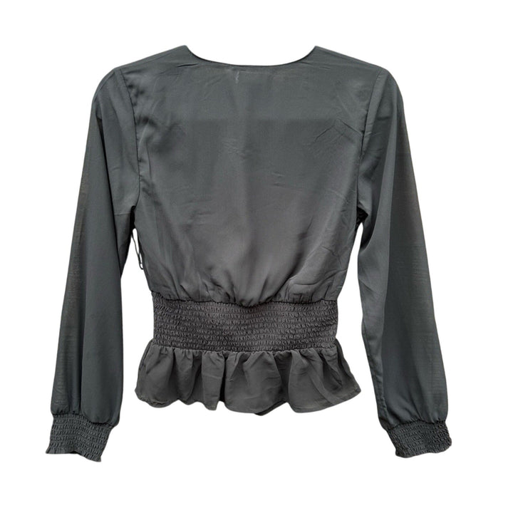 NWT New Japna Womens XS Black 100% Polyester Sheer Long Sleeve Peplum Blouse