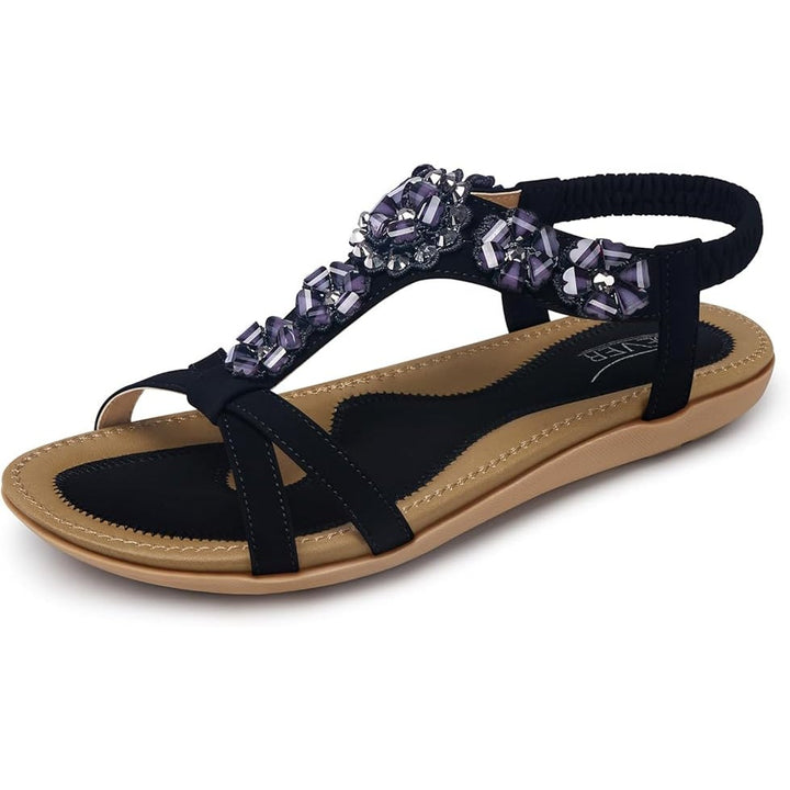 Shibever Womens Size 11 Black Flat Elastic Ankle Strap Beaded Flower Sandals