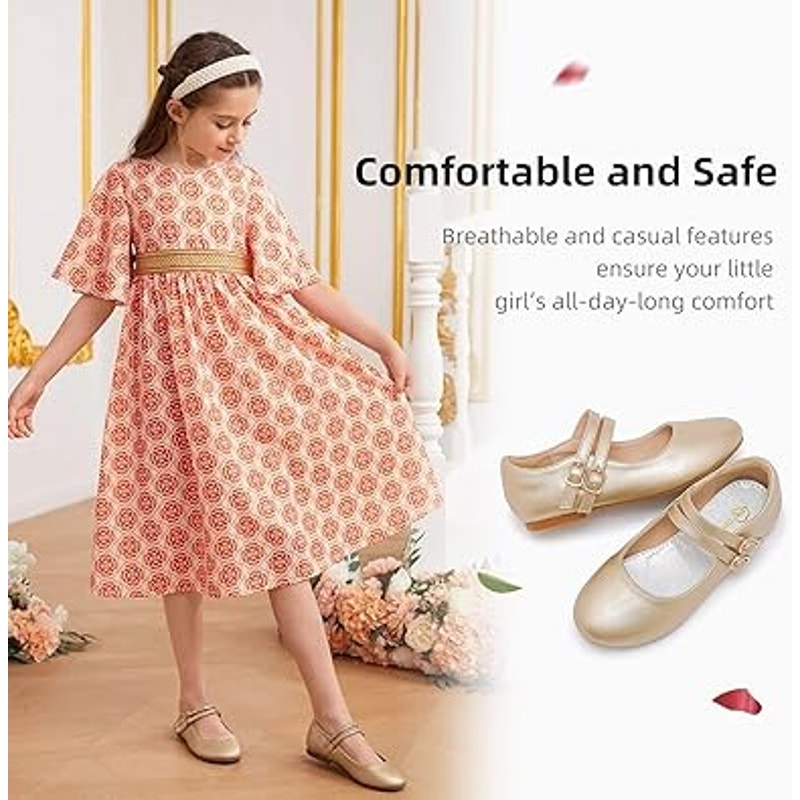Parrosoo Toddler Girls Size 8 Matte Gold Flats Latch &amp; Hook Close Dress Shoes