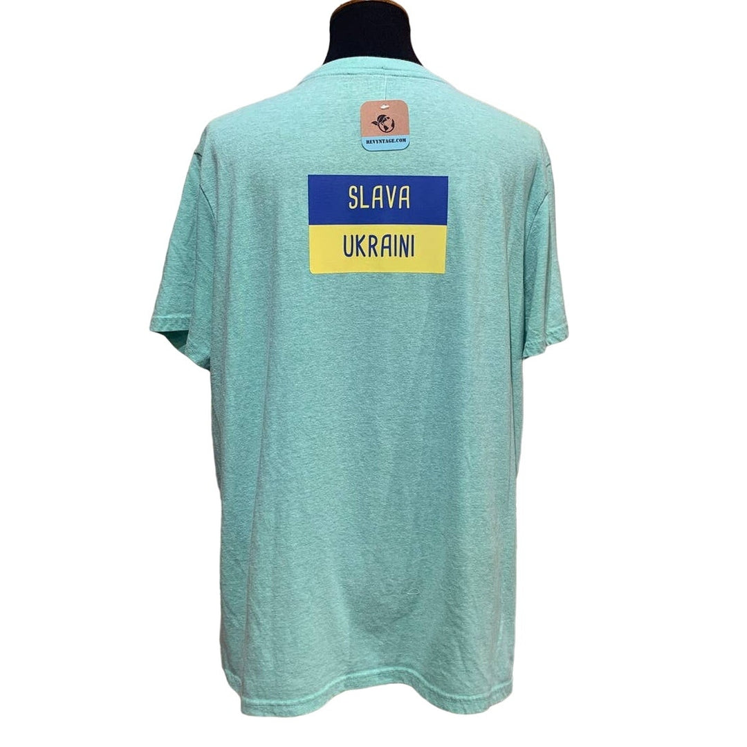 Upcycled Hand Printed Womens XL Slava Ukraine Flag Seagull Bird Artist Tee