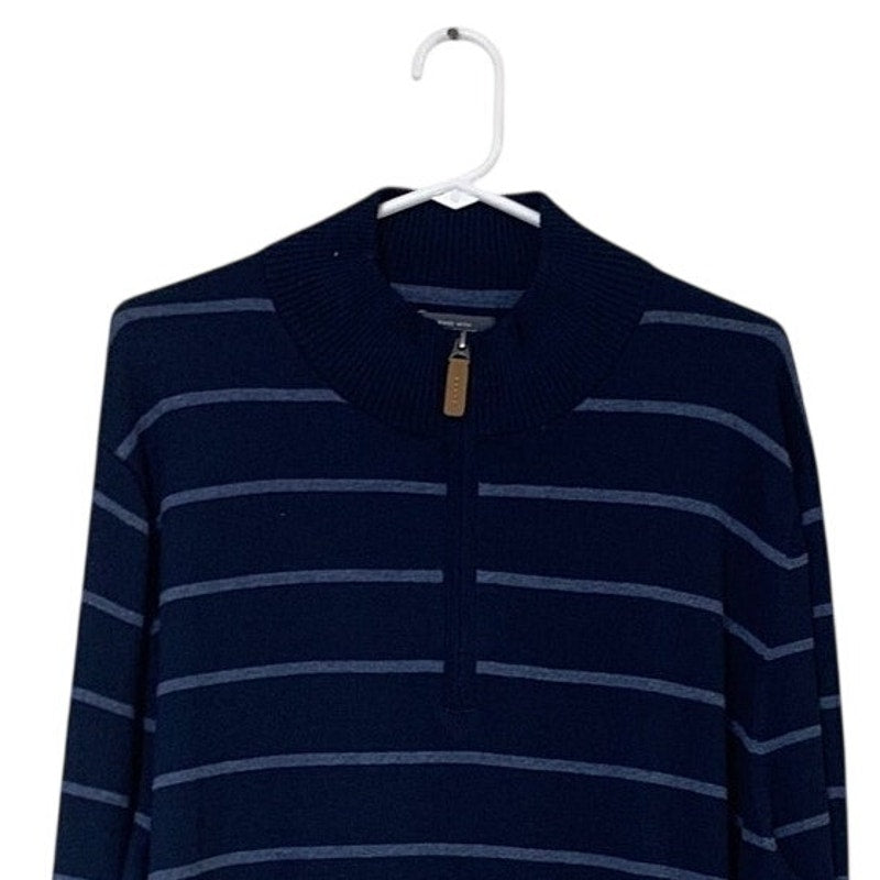 St Johns Bay Mens XL Navy Blue Stripe PolyCotton Long Sleeve Henley Shirt