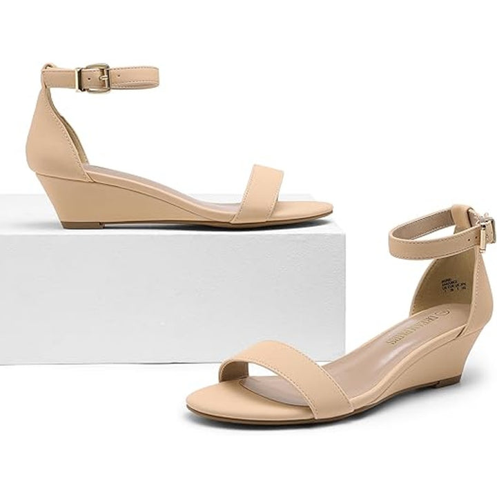 Dream Pairs Womens Size 7.5 Tan Open Toe 2" Low Wedge Ankle Strap Sandal Shoes