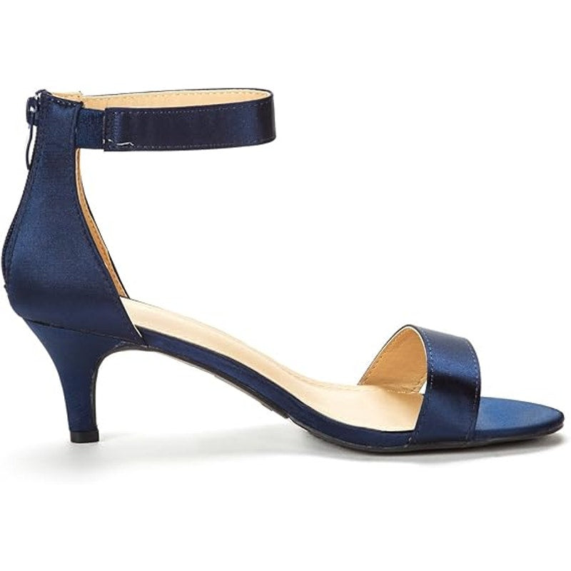 Dream Pairs Womens Size 7.5 Navy Blue Satin Open Toe Ankle Strap 2.5" Heel Shoes