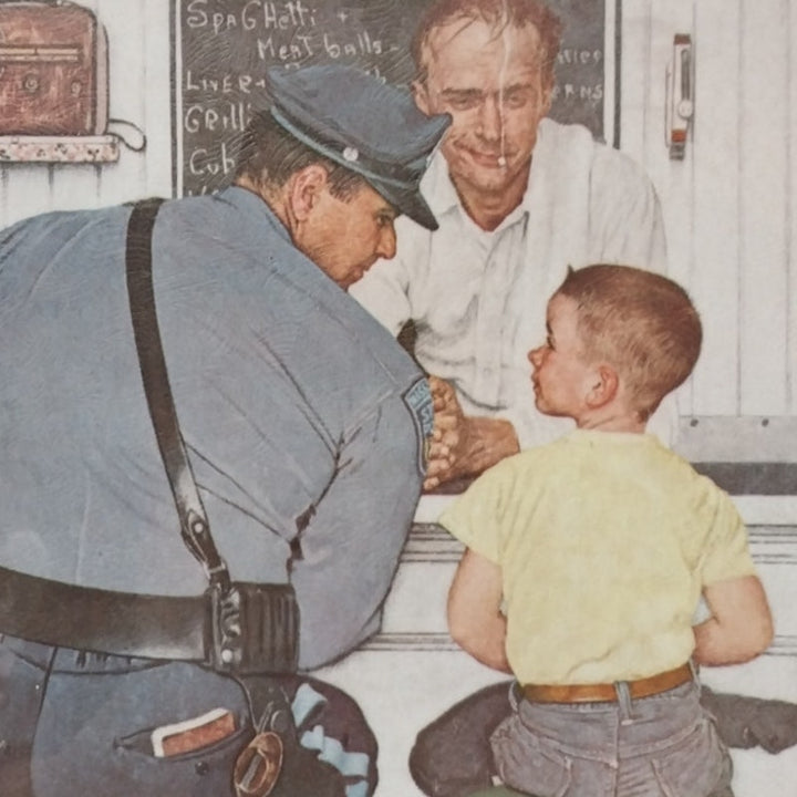 Vintage Norman Rockwell Policeman w Boy at Lunch Counter Wood Frame Glass Print