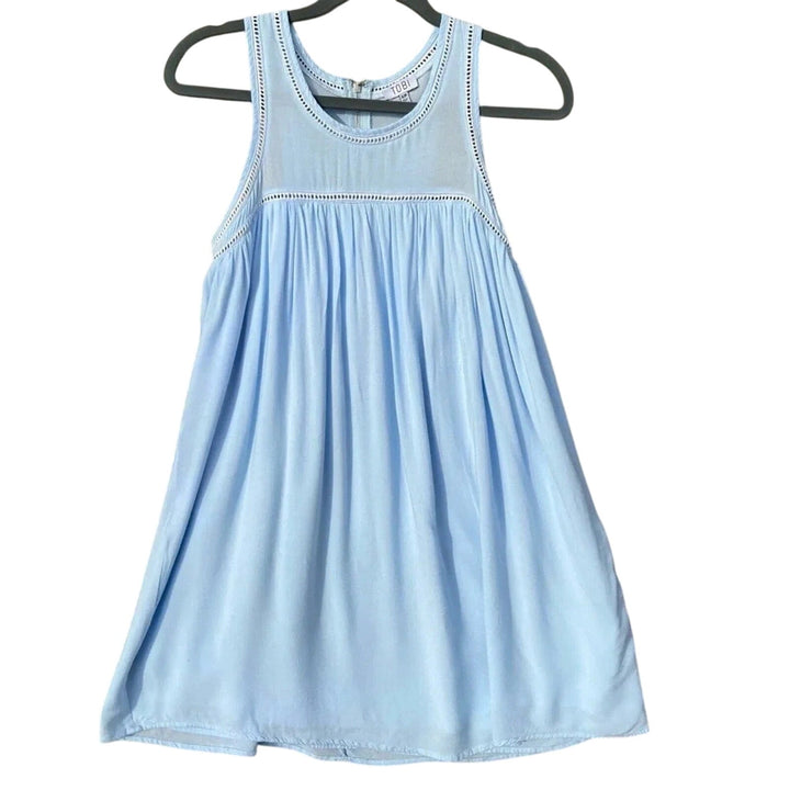 TOBI Womens Small 100% Cotton Light Blue Sleeveless Back Zip Babydoll Mini Dress