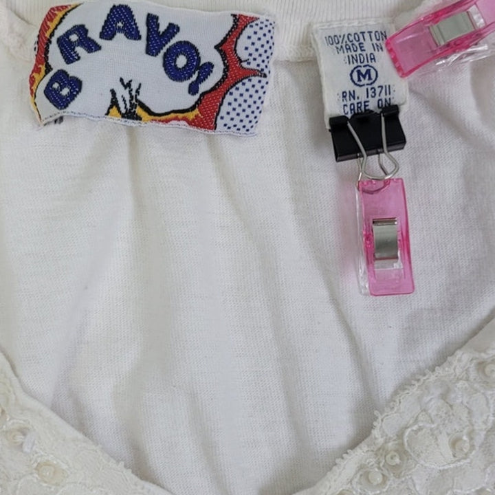 Vintage Bravo Womens Medium Short Sleeve Cold Shoulder Beaded V Neck Cropped Top
