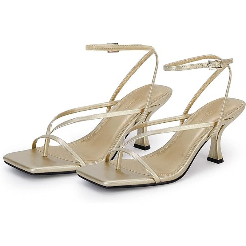 PiePieBuy Womens Size 9.5 Gold Open Toe Lace Up Thong 3" Heel Ankle Strap Shoes