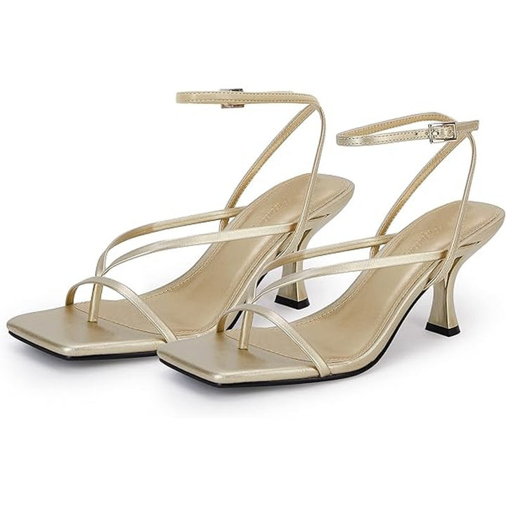PiePieBuy Womens Size 9.5 Gold Open Toe Lace Up Thong 3" Heel Ankle Strap Shoes