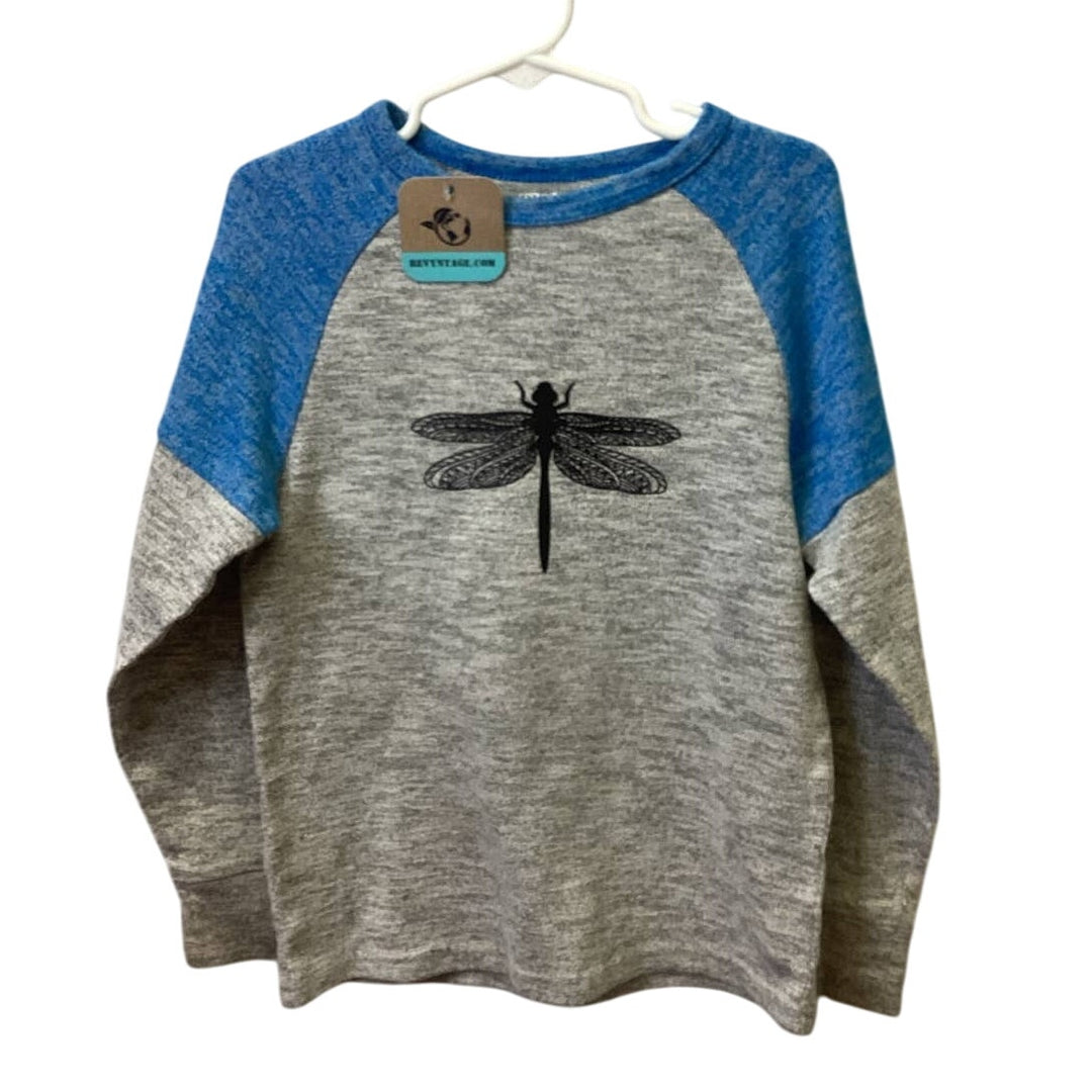Hand Printed Upcycled Youth Small Dragonfly Long Sleeve Crew Neck Raglan Sweater