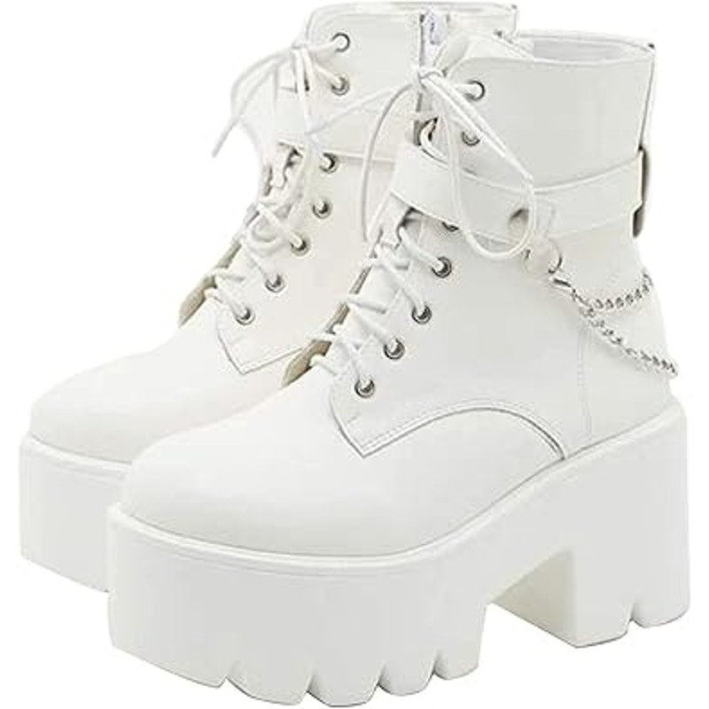 Cynllio Womens 8 White Faux Leather 3.5" Block Heel Platform Combat Ankle Boots