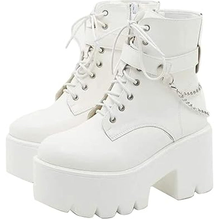 Cynllio Womens 8 White Faux Leather 3.5" Block Heel Platform Combat Ankle Boots