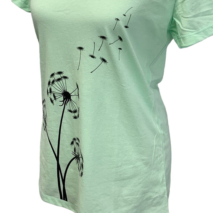 New Hand Printed Dandelion Womens Large Cotton Blend Short Sleeve VNeck Tee