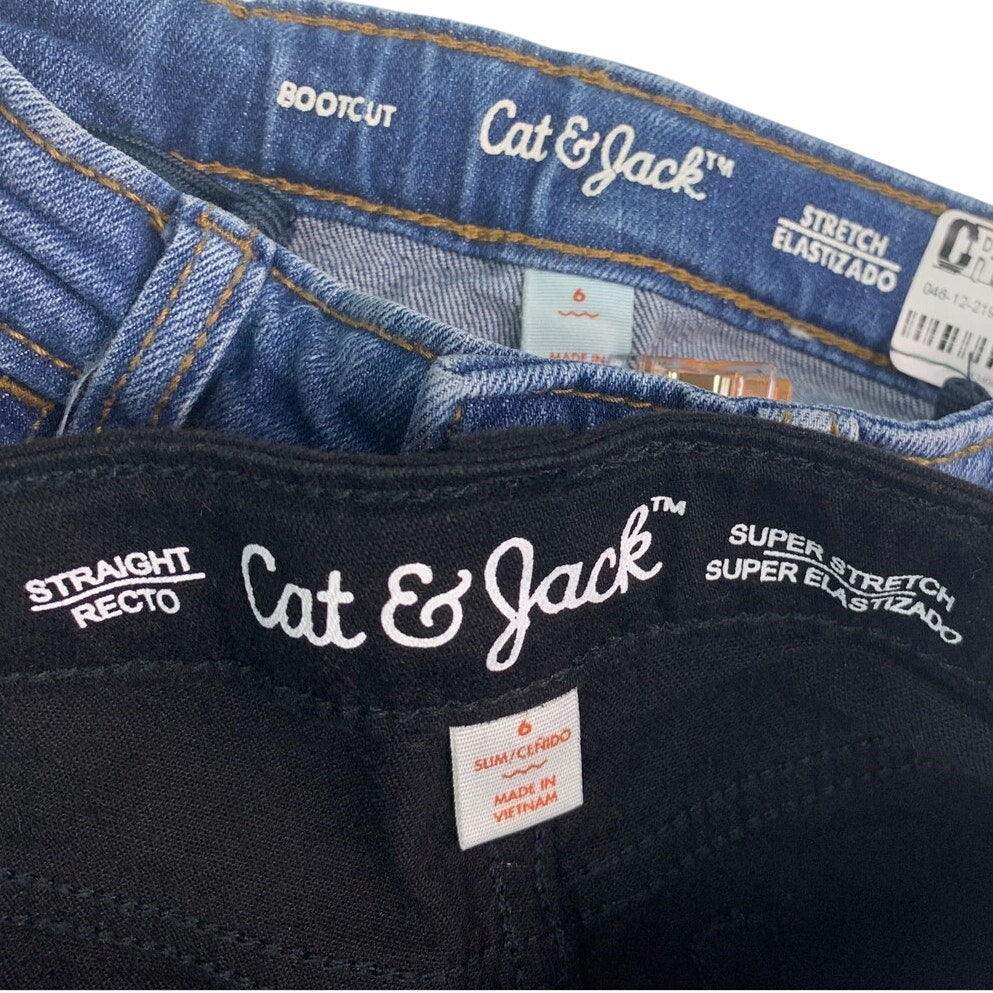 2 New Cat &amp; Jack Girls Size 6 Slim Bootcut Stretch Denim Black Blue Jeans