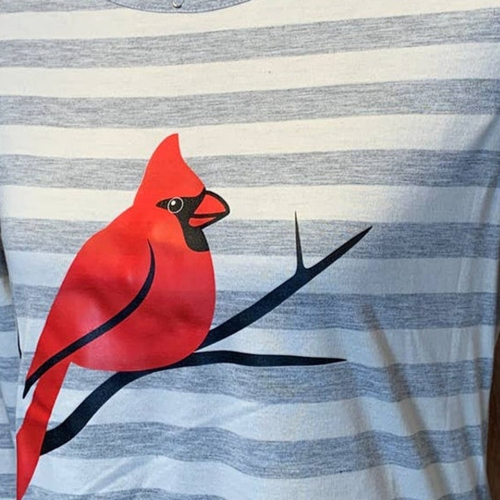 Handmade Upcycled Medium Red Cardinal Bird Removeable Snap Sleeve PolyBlend Tee