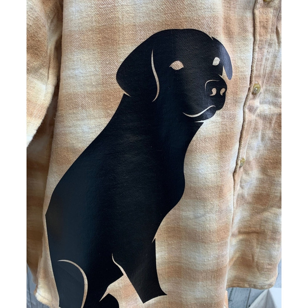 New Hand Printed Womens Large Black Lab Dog Long Sleeve Plaid Flannel Hoodie