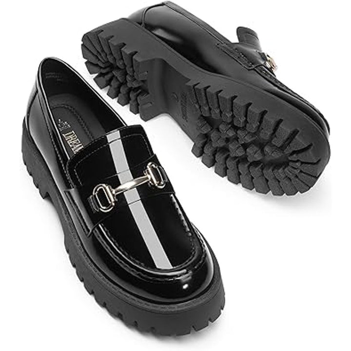 New Dream Pairs Womens 7.5 Black Faux Leather GOLD Buckle Platform Loafer Shoes