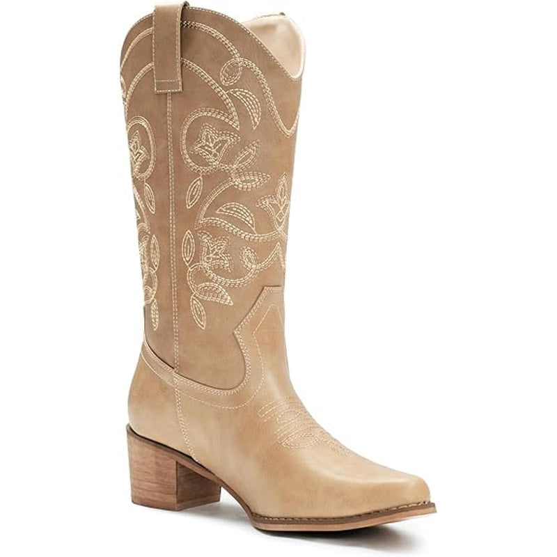 IUV Womens Size 8 Brown Faux Leather 2" Block Heel Mid Calf Western Cowboy Boots