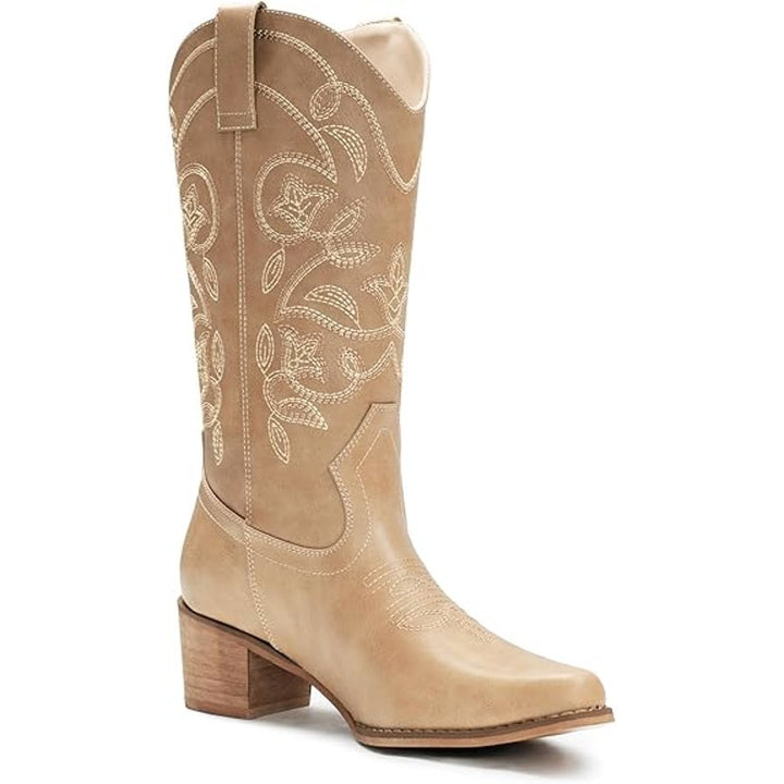 IUV Womens Size 8 Brown Faux Leather 2" Block Heel Mid Calf Western Cowboy Boots