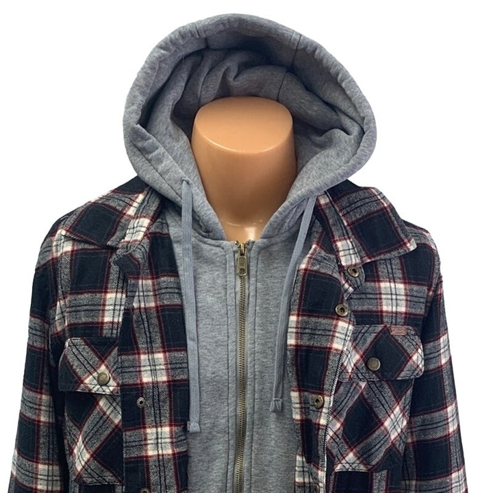 Rugged Wear Mens Medium PolyCotton Zip &amp; Snap Warm Plaid Flannel Hoodie Jacket